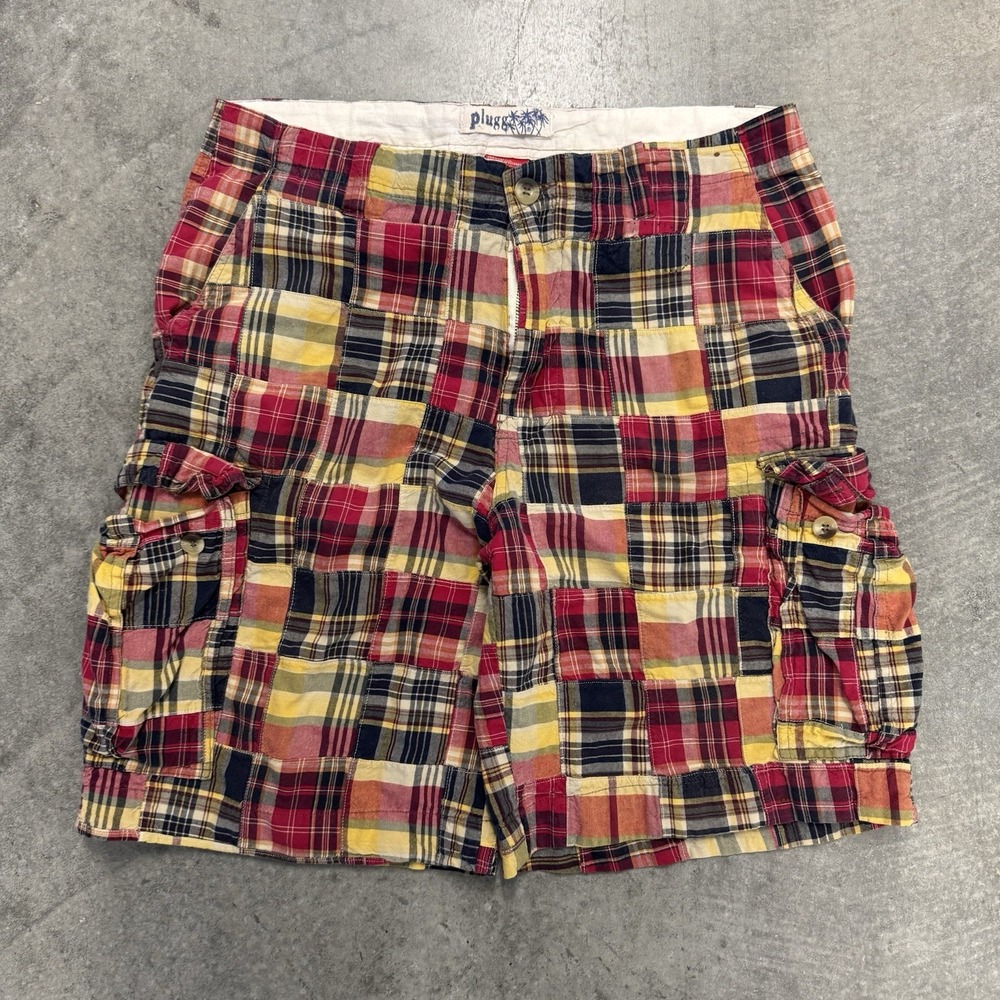 Men's Madras Cargo Shorts Patchwork Plugg Multicolor Plaid Cotton Nautical 36